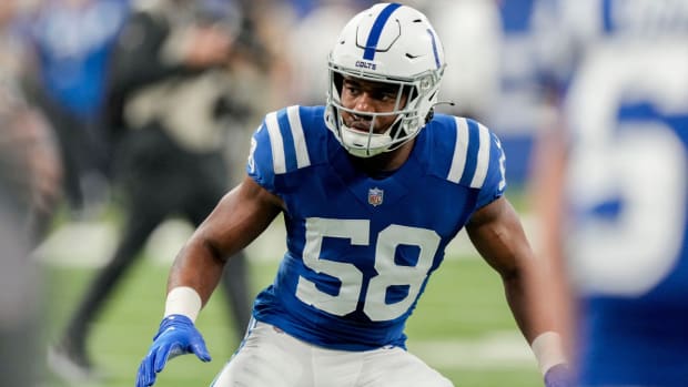 Indianapolis Colts linebacker Bobby Okereke (58) warms up Sunday, Jan. 8, 2023, before a game against the Houston Texans at Lucas Oil Stadium in Indianapolis.